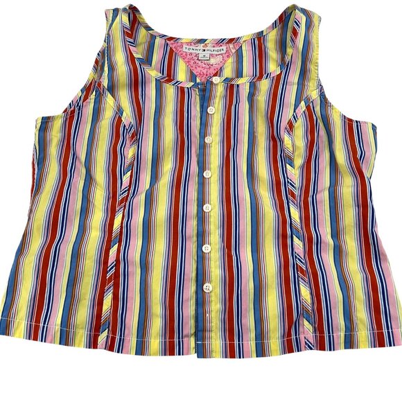 Tommy Hilfiger Womens 90s Multicolor Striped Sleeveless Button-Down Top Size 16 - Picture 1 of 6